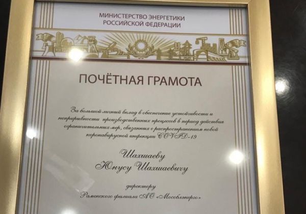 Раменский филиал АО «Мособлэнерго» получил почётную грамоту Министерства энергетики РФ