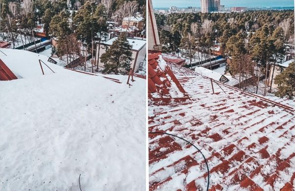 Коммунальные службы Раменского городского округа чистят крыши от снега и сосулек.