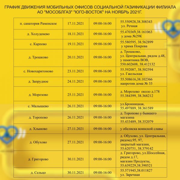 График движения мобильных офисов социальной газификации в Раменском г.о. на ноябрь 2021г.