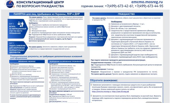 Памятка для граждан Украины, ДНР и ЛНР, прибывших в Российскую Федерацию в экстренном массовом порядке.